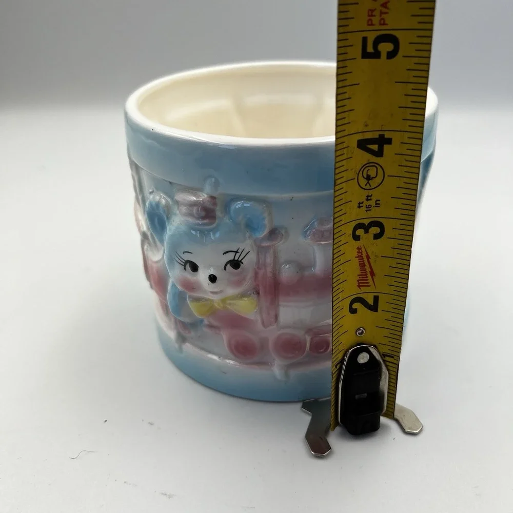 Vintage MCM Ardco Ceramic Baby Bear Train Flowers Nursery Planter Round Pastel